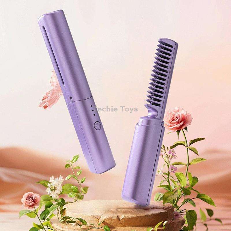 2 In 1 Portable USB Rechargeable Hair Curler Dual Usage Hair Straightening Comb(Purple)