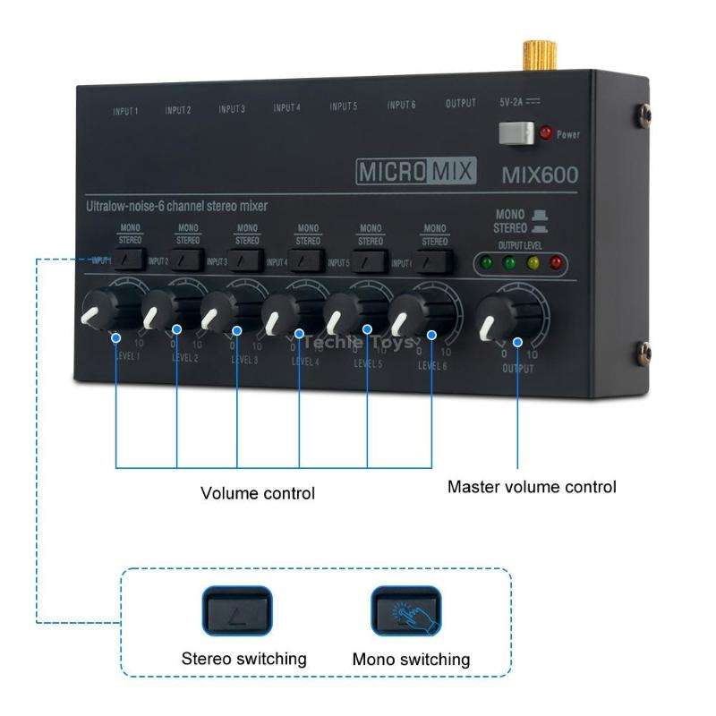 Ultra-Compact Low-Noise 6 Channel Stereo Audio Mixer, US Plug(MIX600)