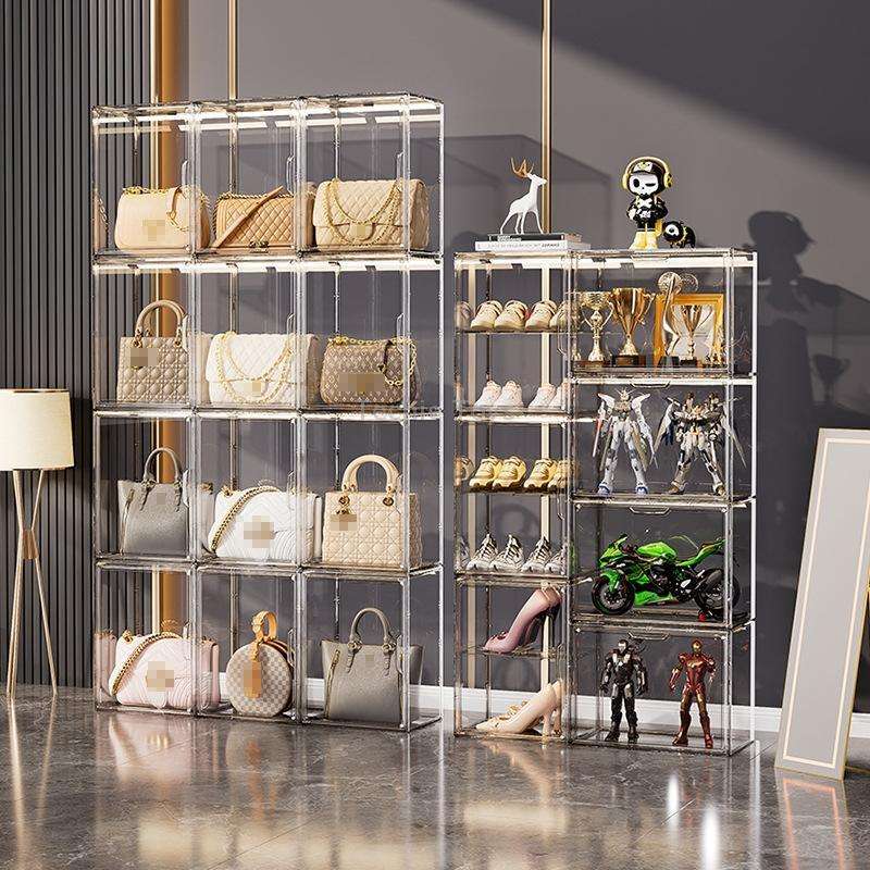 Stackable Transparent Storage Box Magnetic Suction Bookcase Handbag Display Rack, Style: Three Parti