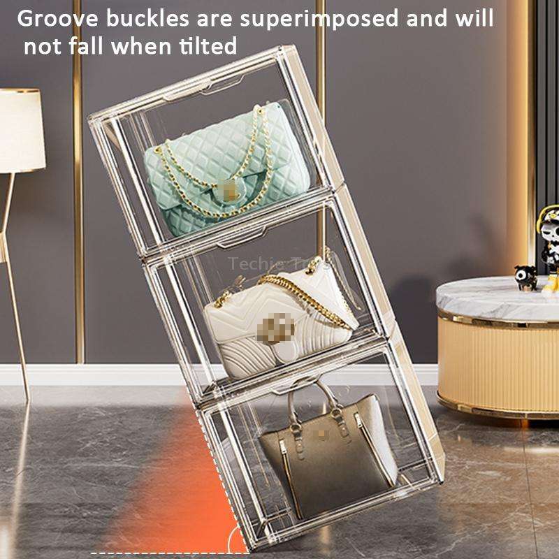 Stackable Transparent Storage Box Magnetic Suction Bookcase Handbag Display Rack, Style: Three Parti