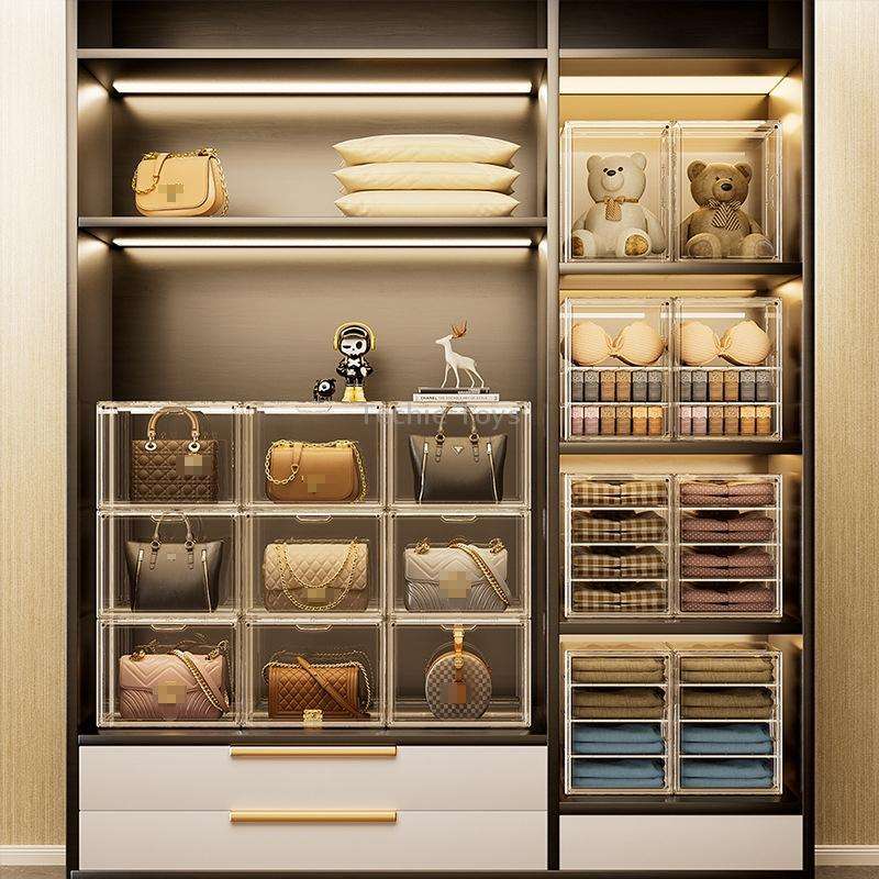 Stackable Transparent Storage Box Magnetic Suction Bookcase Handbag Display Rack, Style: Three Parti