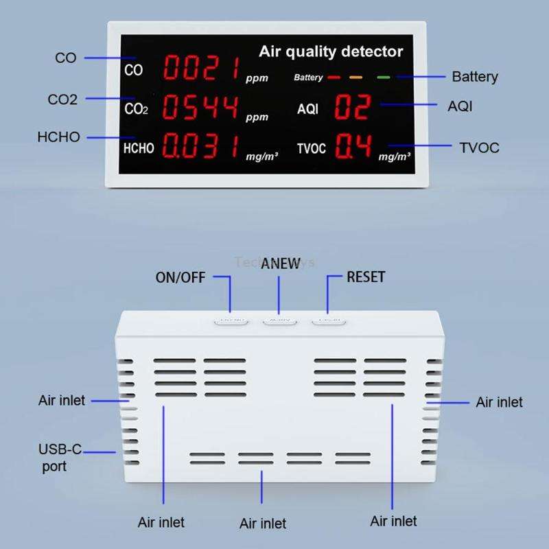 5-in-1 Indoor Home Portable Air Monitor TVOC Formaldehyde Detector(W17A Light Gray)