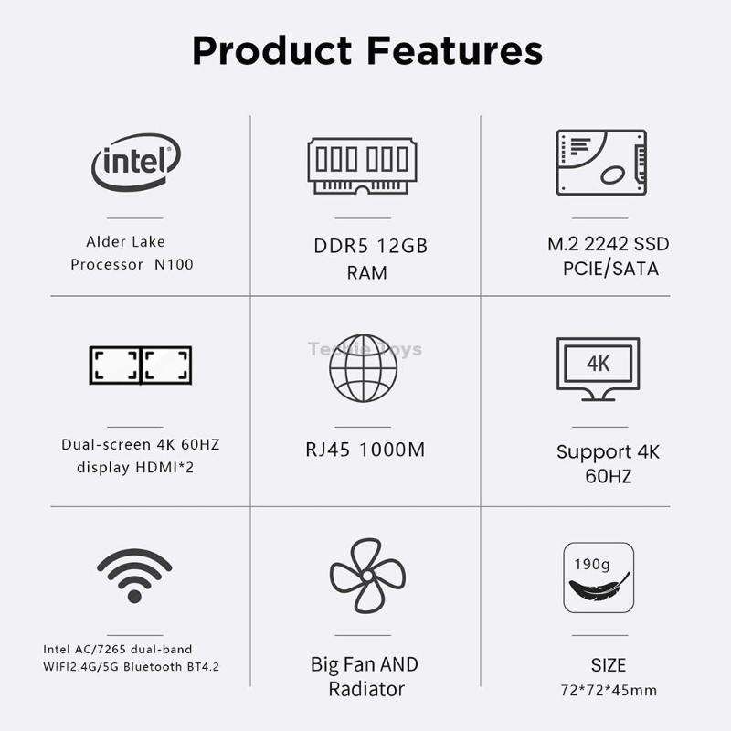 N100/DDR5 12th AlderLake-N100 Dual 4K60Hz Office And Home Mini PC, Spec: 12G+128G /EU Plug