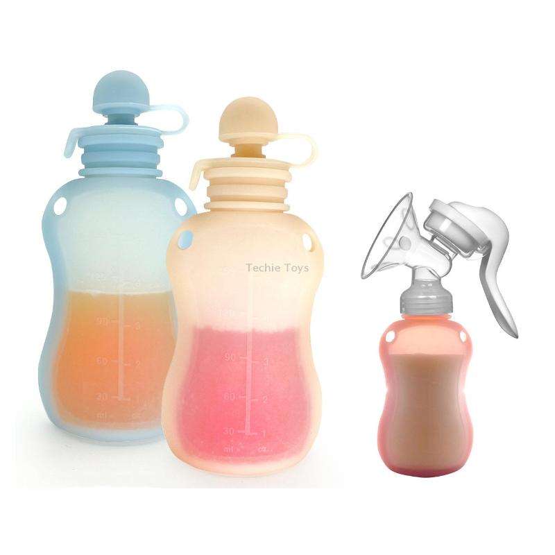 150ml Reusable Silicone Baby Food Pouches Refillable Squeeze Storage Containers(Pink)