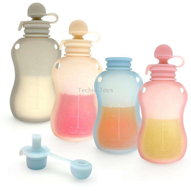 150ml Reusable Silicone Baby Food Pouches Refillable Squeeze Storage Containers(Pink)