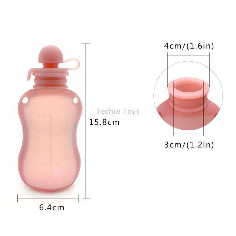 150ml Reusable Silicone Baby Food Pouches Refillable Squeeze Storage Containers(Pink)