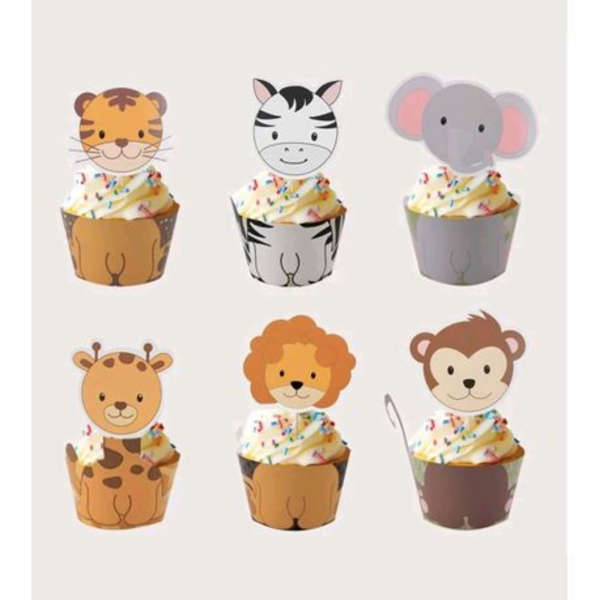 Baby Safari Animal Cupcake Toppers And Wrappers Set - Set of 12