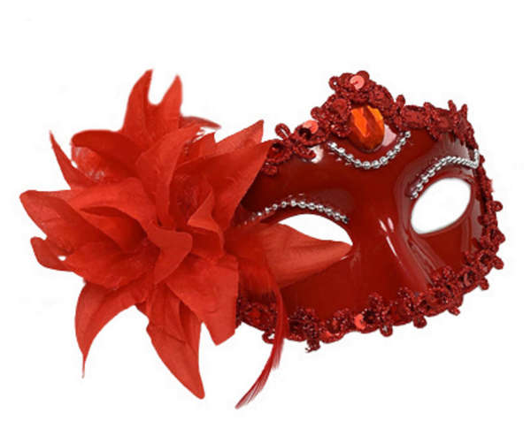 Masquerade Mask - Side Feather and Flower - Red