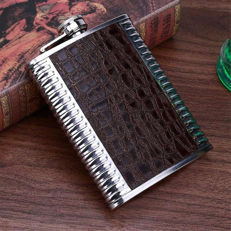 Stainless Steel Hip Flask with Leather Effect 4 Shot Glass and Funnel