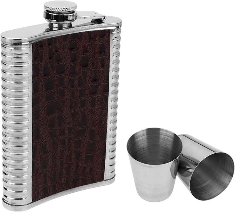 Stainless Steel Hip Flask with Leather Effect 4 Shot Glass and Funnel