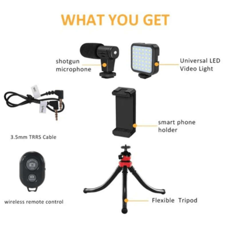 Vlogging Kit with Led Light Microphone and Tripod KIT