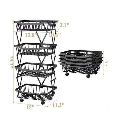 4 Tier Carbon Steel Kitchen Storage Collapsible Basket Rolling Cart