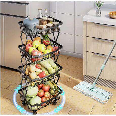 4-Tier Carbon Steel Kitchen Storage Collapsible Basket Rolling Cart