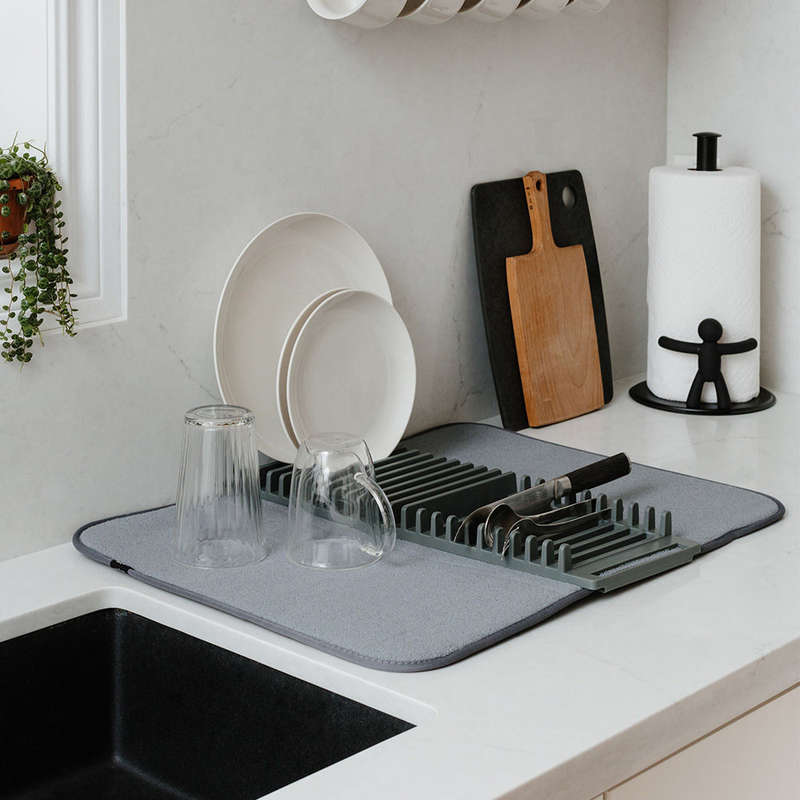 Space Saving Large Charcoal Dish Rack Microfiber Drying Mat