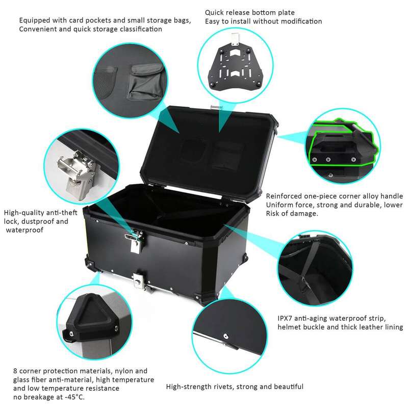 45L Motorcycle Aluminum Alloy Top Box Tail Case Black