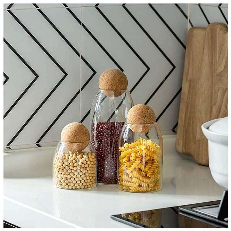 3 Piece Glass Jars with Airtight Ball Cork Lid