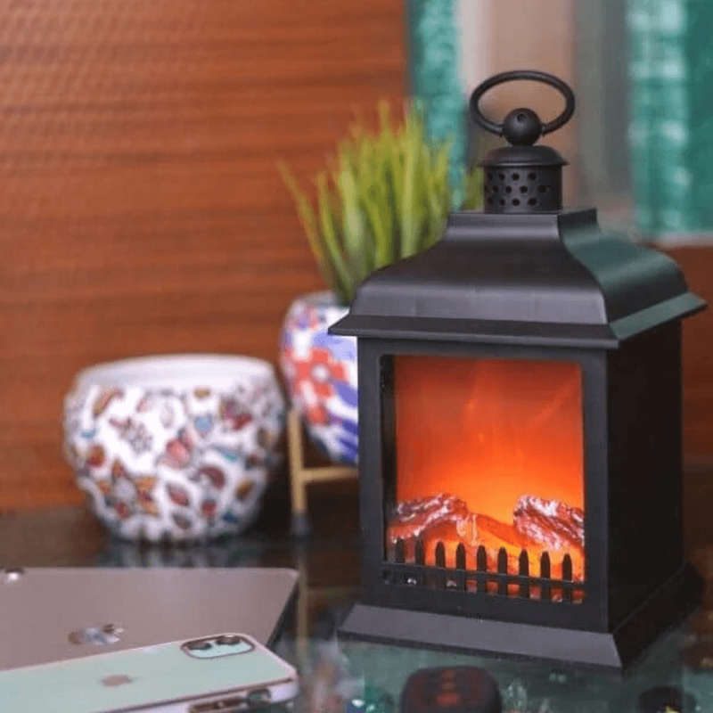 Antique Warming LED Fireplace Lantern Small