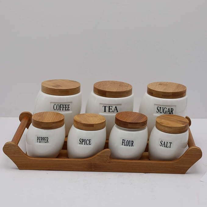 Set of 7 Canisters with Bamboo Base