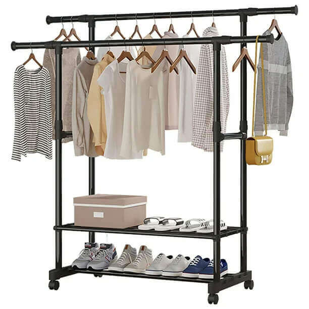 Mobile Clothing Garment Rack with Extensible Rod and Shoes Rack