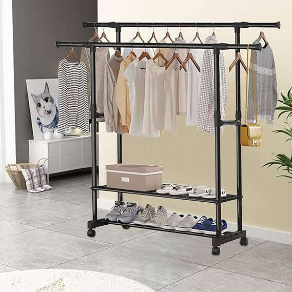 Mobile Clothing Garment Rack with Extensible Rod and Shoes Rack