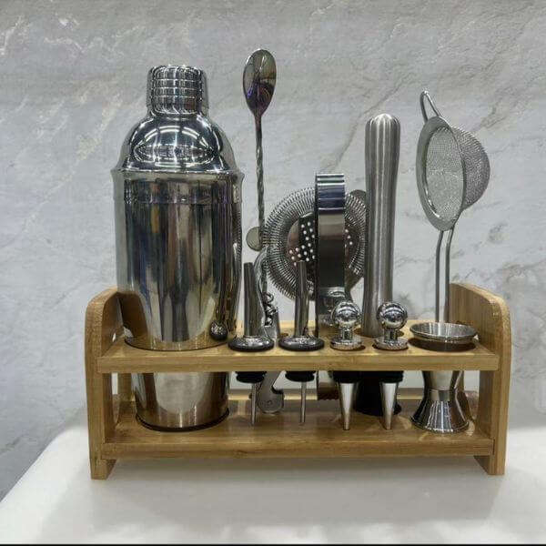 12 Piece Stainless Steel Cocktail Shaker With Wooden Stand