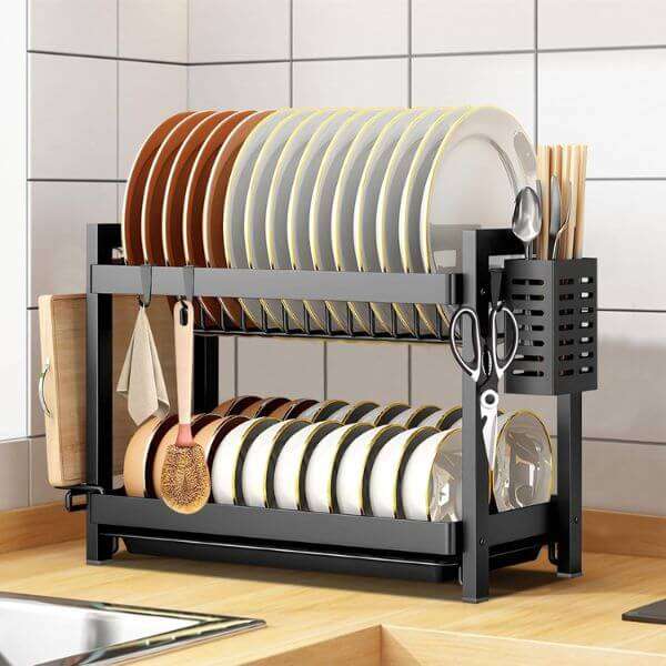 2 Tier Stainless Steel Dish Drainer with Utensil Holder and Hooks