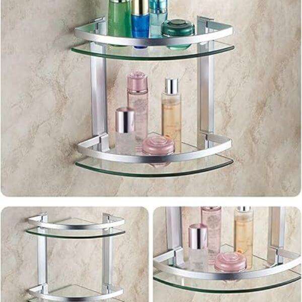 2 Tier Wall Mounted Tempered Glass Corner Shelf with Aluminum Rail