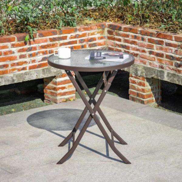 60cm Foldable Round Glass Top Patio Side Table