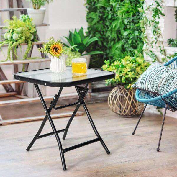 60cm Foldable Square Glass Top Patio Side Table