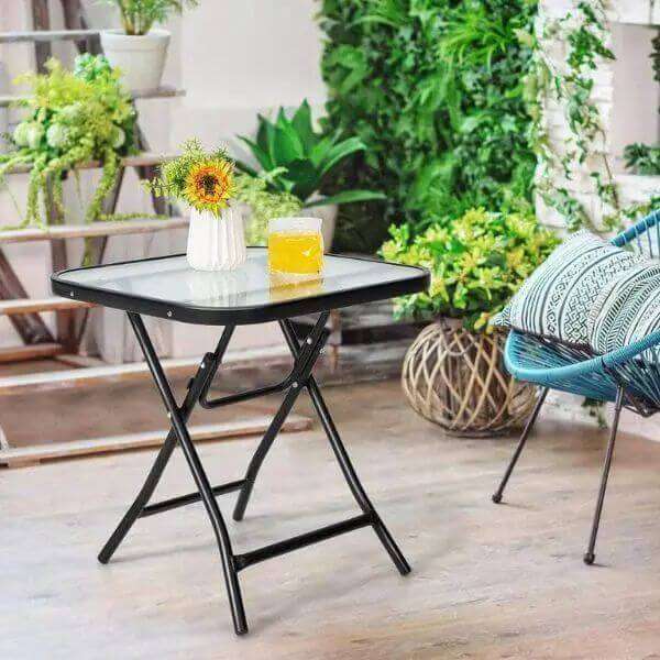 80cm Foldable Square Glass Top Patio Side Table