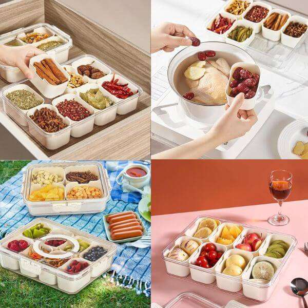 Portable 8 Compartment Snack Box With Lid and Handle