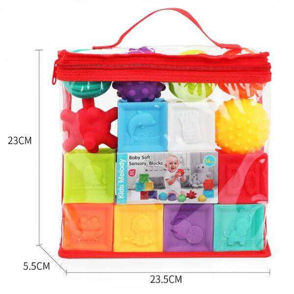 14pcs Puzzle Sensory Soft and Textured Rubber Balls and Blocks Set For Kids
