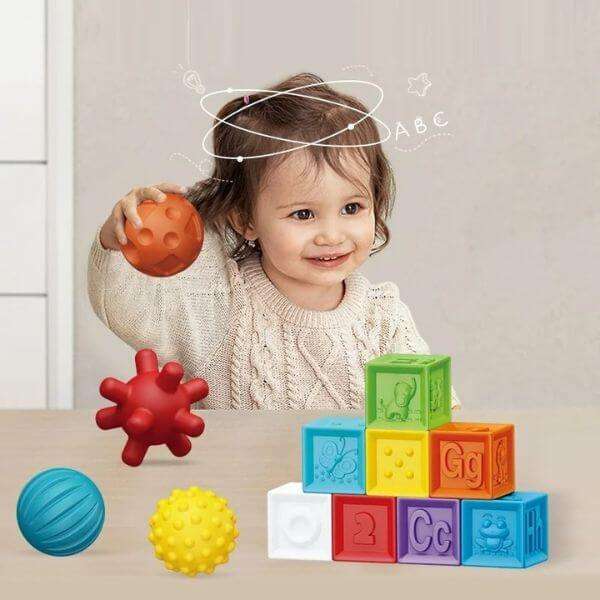 14pcs Puzzle Sensory Soft and Textured Rubber Balls and Blocks Set For Kids