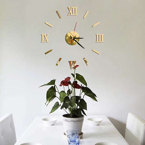 3D DIY Mirror Golden Surface Wall Clock Roman Numeral