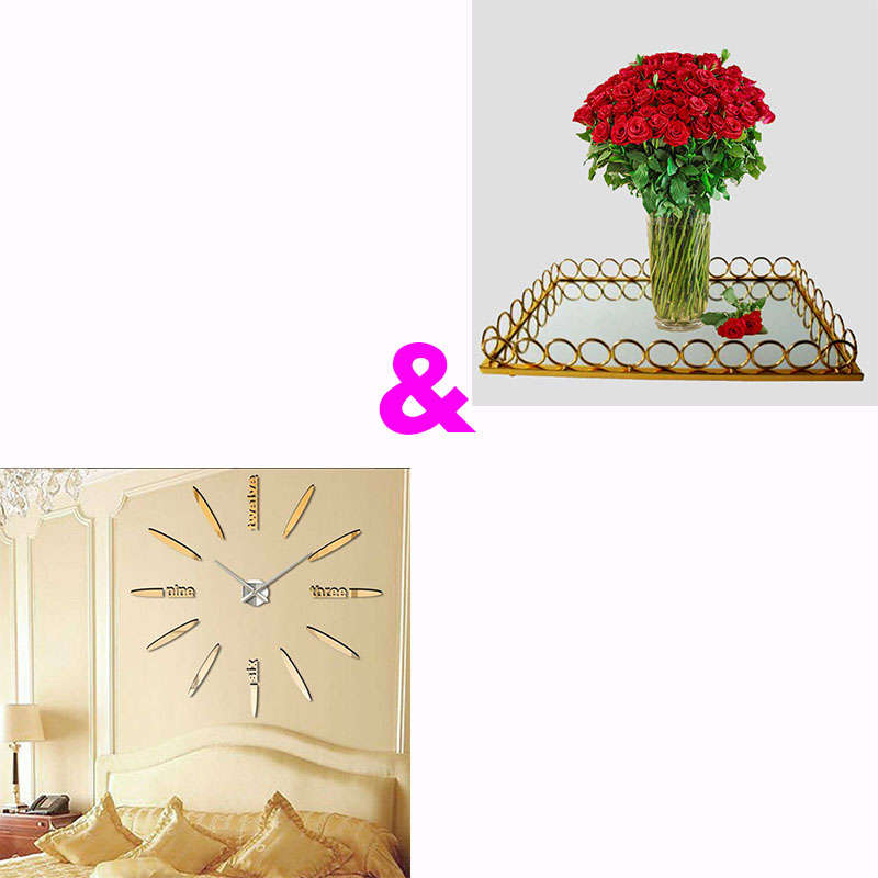 3D DIY Mirror Gold Surface Wall Clock Plus Gold Mirror Tray Large