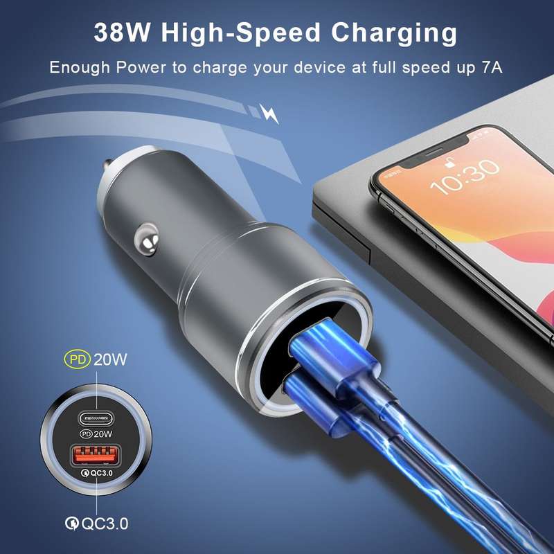 38W Dual Car Charger USB and Type-C Port - Silver (Generic)