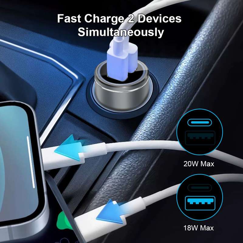 38W Dual Car Charger USB and Type-C Port - Silver (Generic)