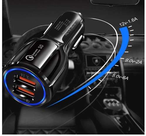 QC-3.1A Fast Car Charger 2 x USB 3.0- Black