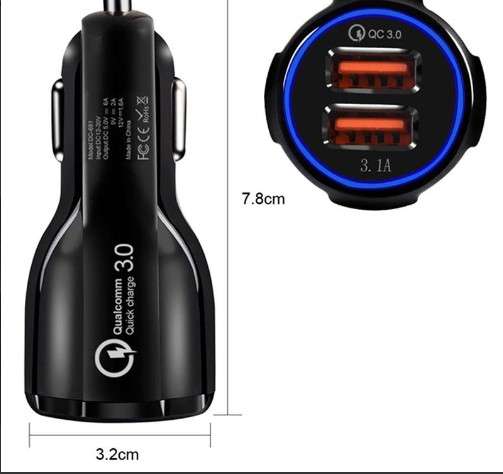 QC-3.1A Fast Car Charger 2 x USB 3.0- Black