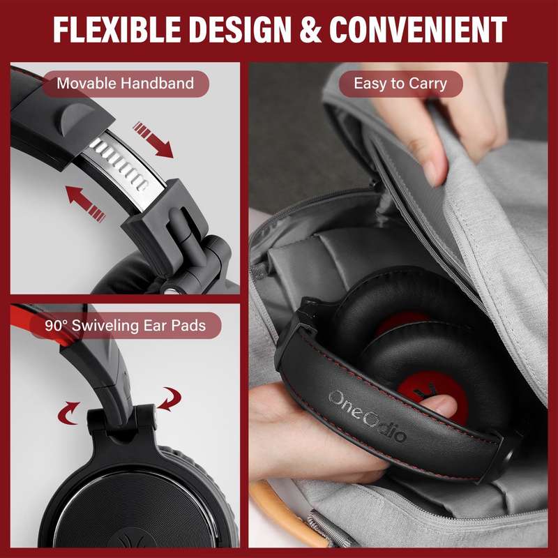Oneodio Pro 10 Professional Wired Over Ear DJ and Studio Monitoring Headphones - Red/Black