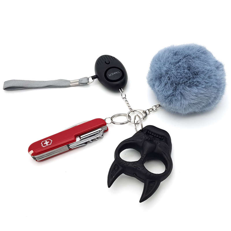 Defensive Safety Key chain - Swiss army knife - Knuckle duster- Alarm & Pom pom
