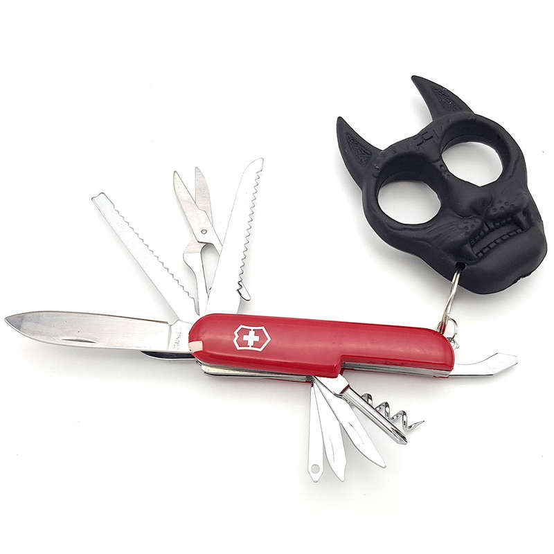 Defensive Safety Key chain - Swiss army knife - Knuckle duster- Alarm & Pom pom