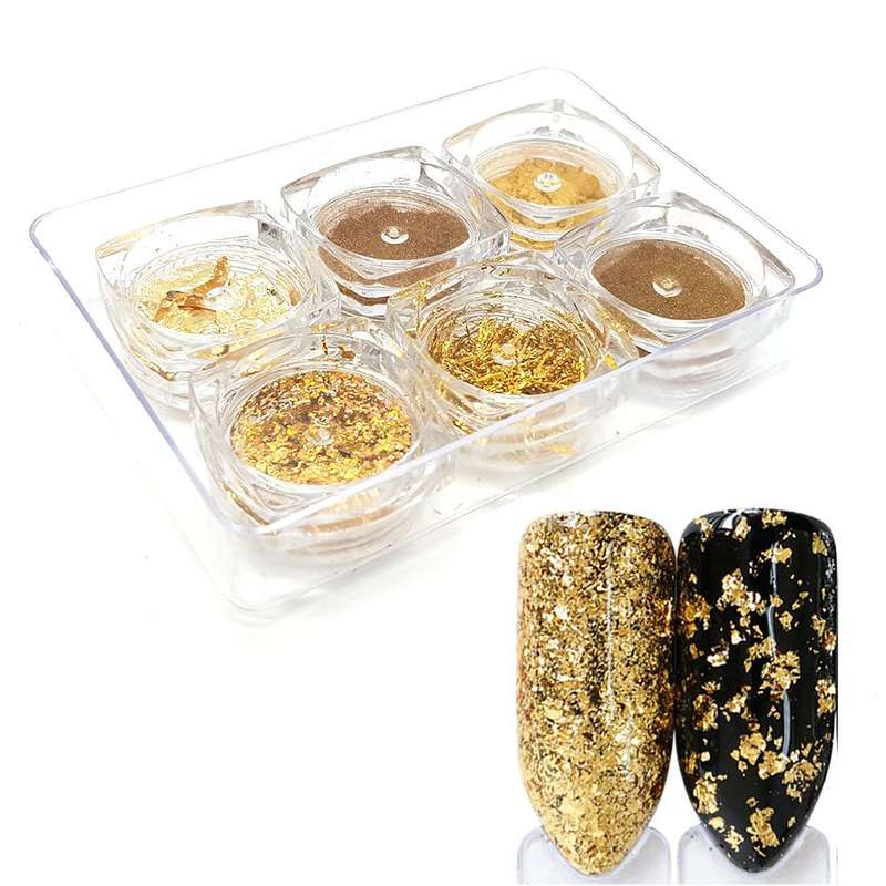 BUFFTEE Nail Foil Flakes - Gorgeous Gold - Chrome Nail Glitter 6 Pack