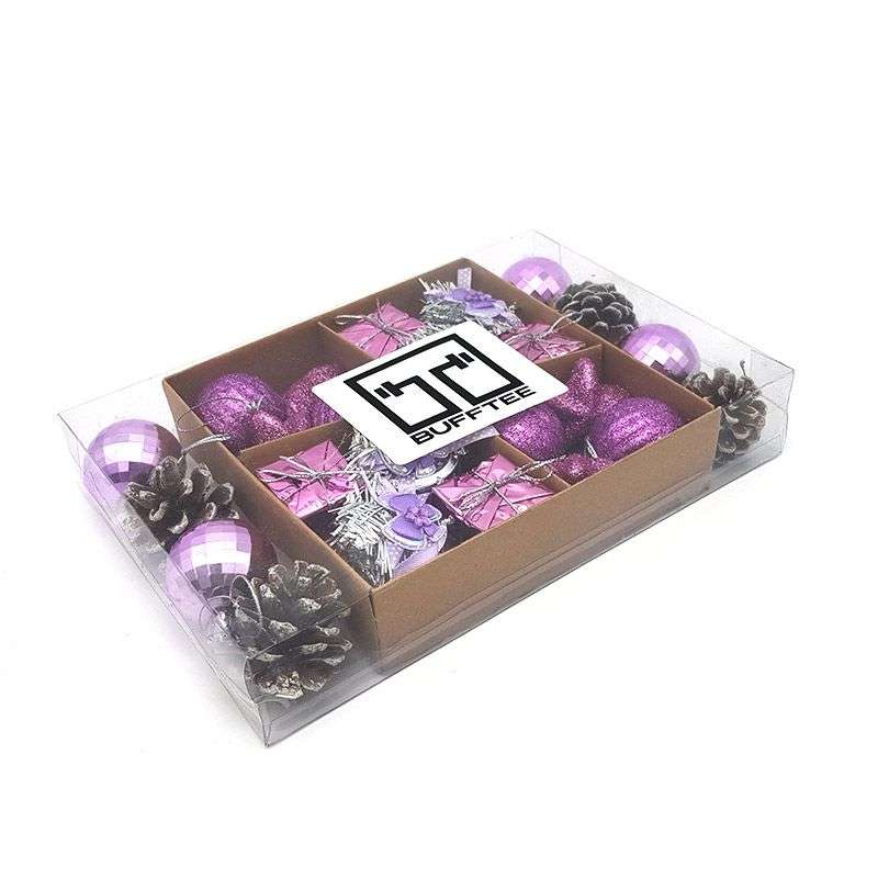 Bufftee 24 Piece Small Christmas Tree Baubles Pine Cones Drums Purple Mix