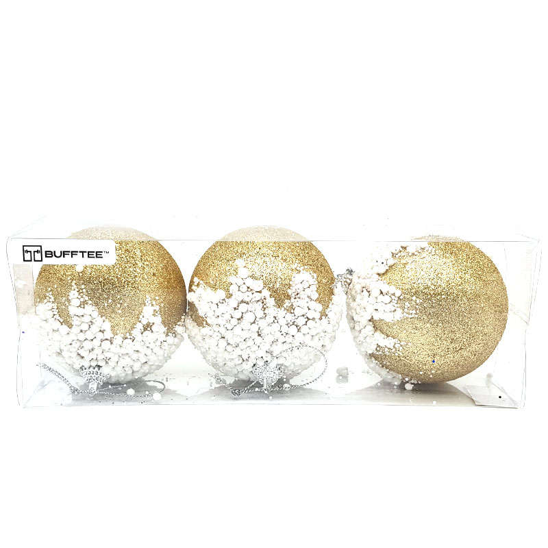 Christmas Baubles -Gold Snow Christmas Balls - 3 Pack