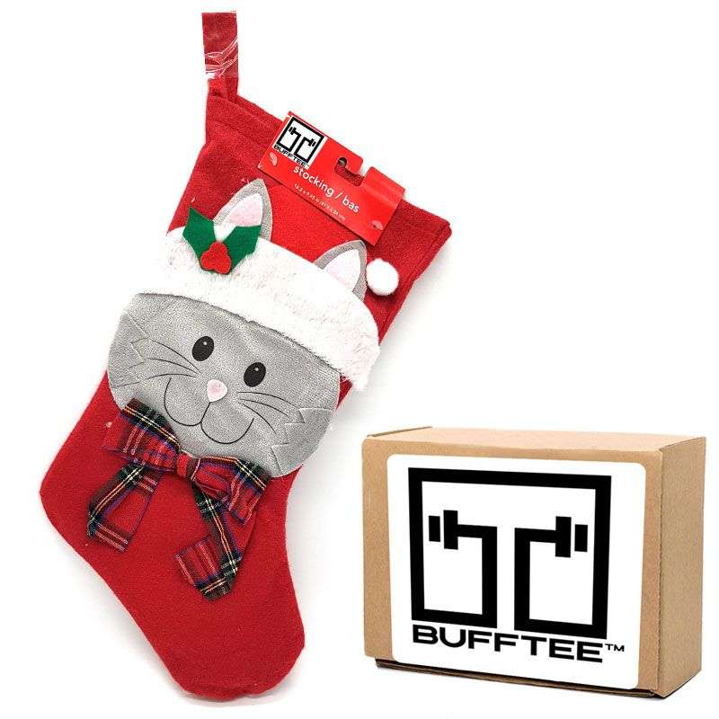 Bufftee Happy Kitty Cat Big Christmas Stocking  Kitten face Santa Xmas Boot