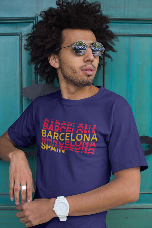 BUFFTEE Barcelona Spain Home Jersey Style Supporters T-Shirt - Unisex Word Illusion