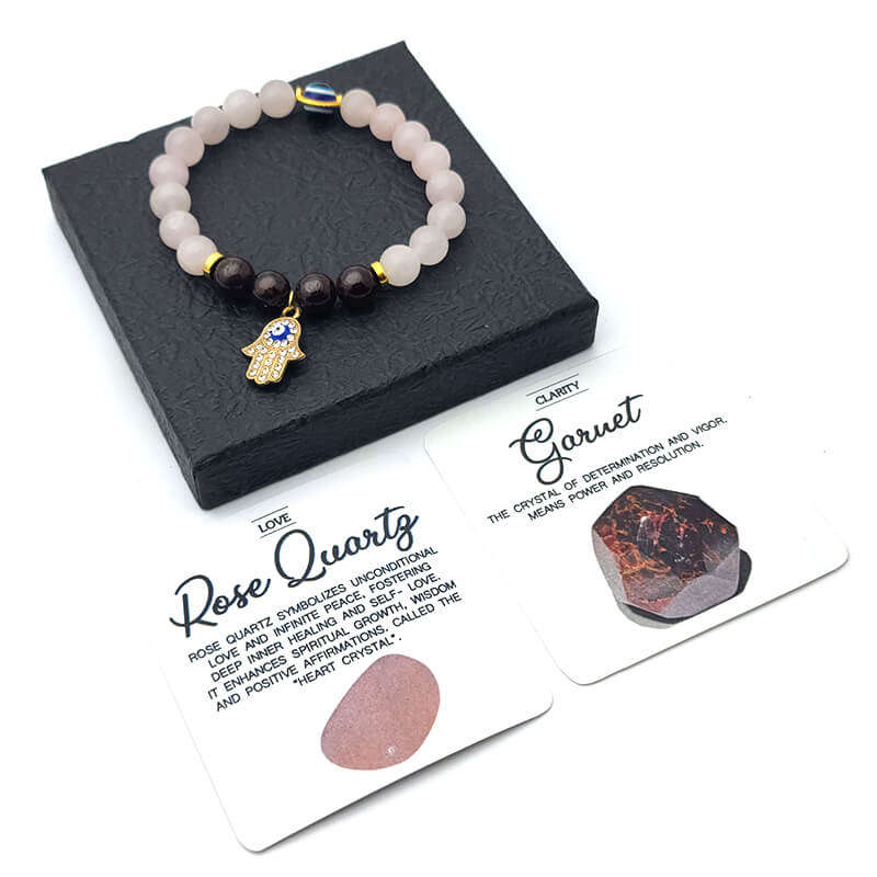 Garnet Red Rose Quartz Hamza Hand &amp; Evil eye Natural Stone Bracelet