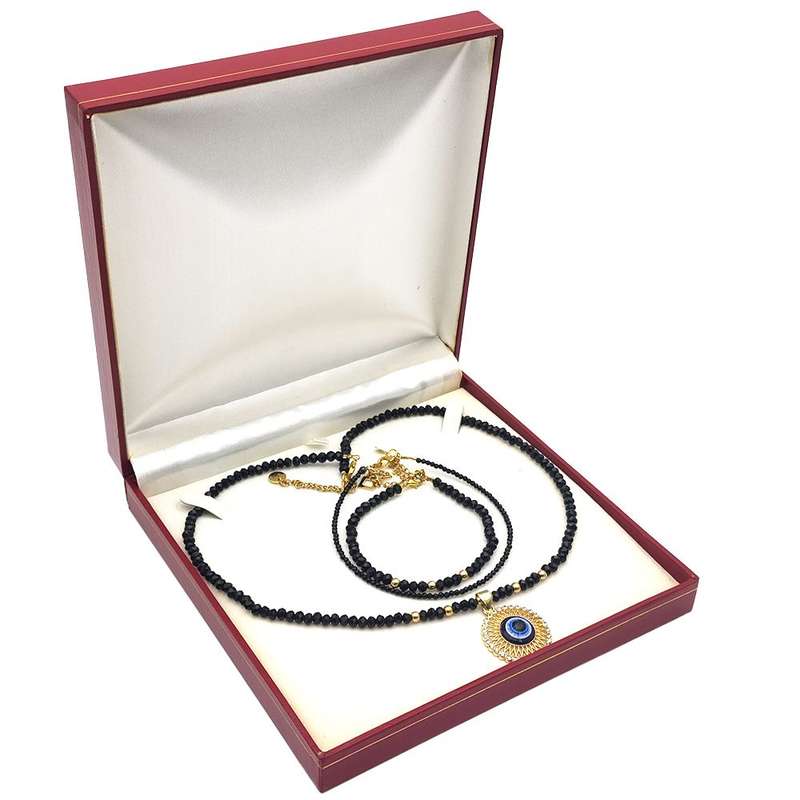 Evara Malocchio Black Tourmaline Necklace Bracelet &amp; Anklet Evileye Set