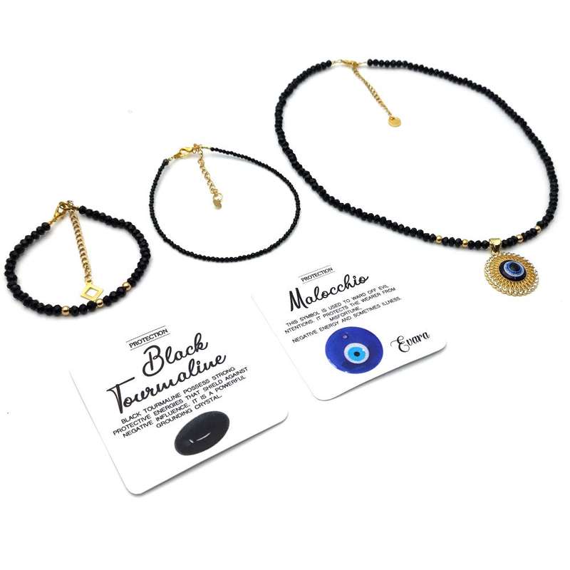 Evara Malocchio Black Tourmaline Necklace Bracelet &amp; Anklet Evileye Set